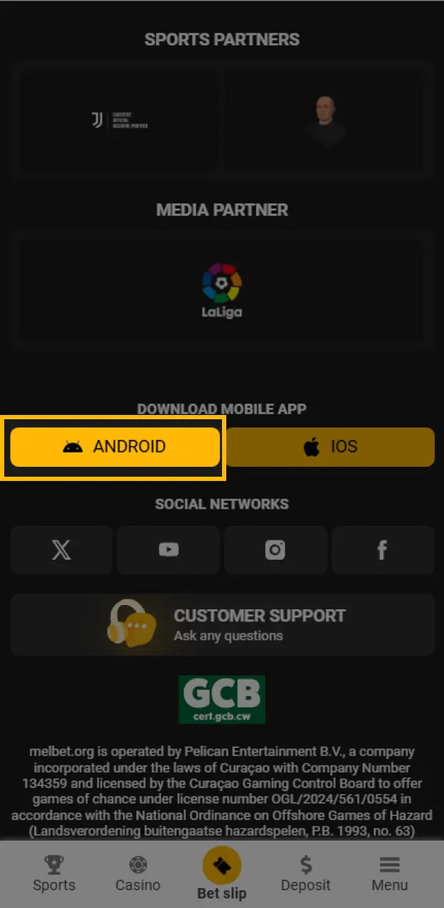 Find the APK file on the official Melbet Kenya website.