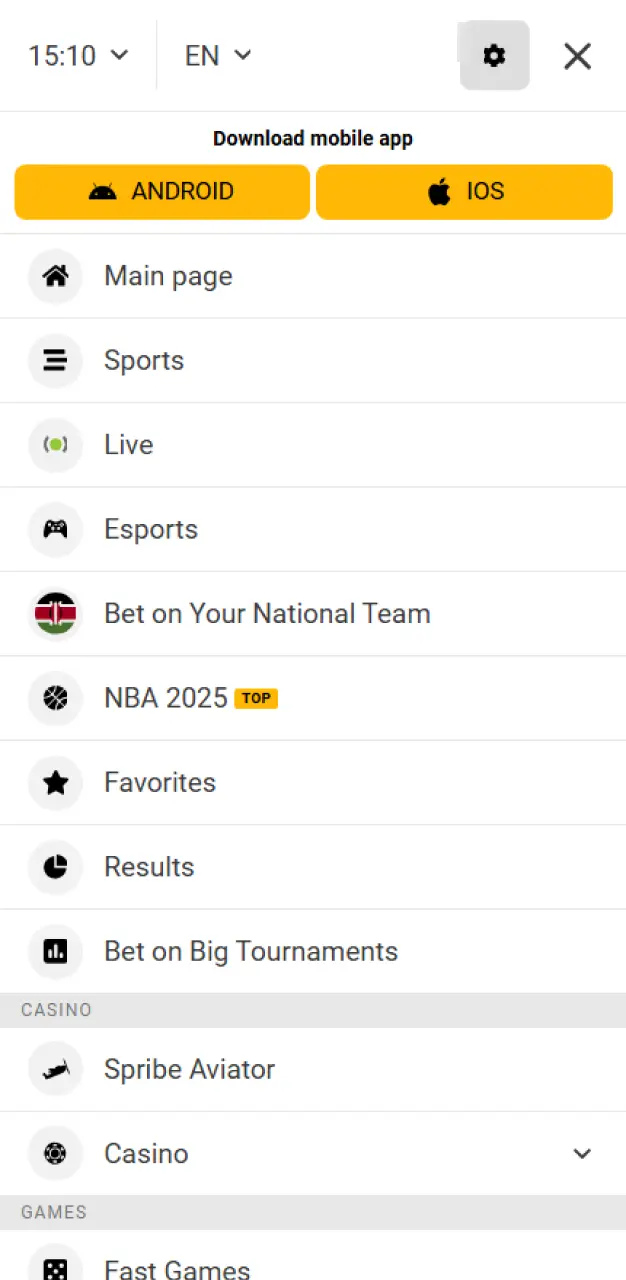 The menu of the Melbet casino.