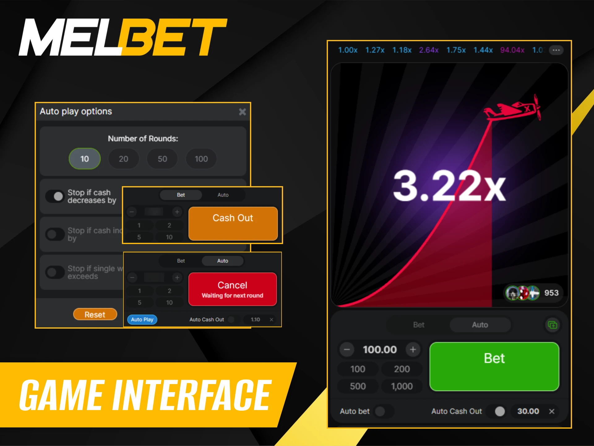 Gaming interface and automatic withdrawal of funds at Melbet Kenya Casino.