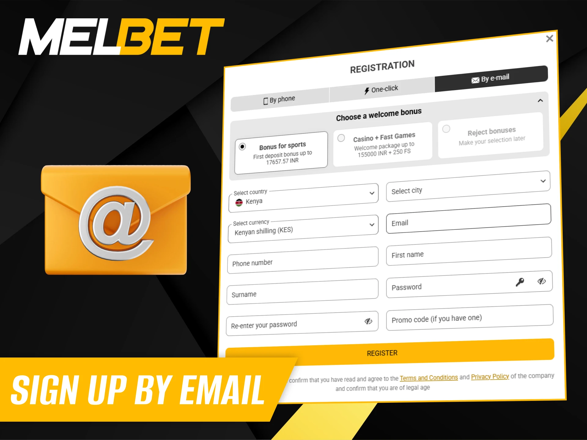 The email registration option is the most detailed way to set up your account on Melbet Kenya.